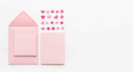 A pink envelope and card with heart stickers on a white background for Valentine's Day or love...