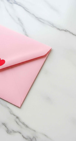 Two pink envelopes with a red heart on top, placed on a white marble surface.