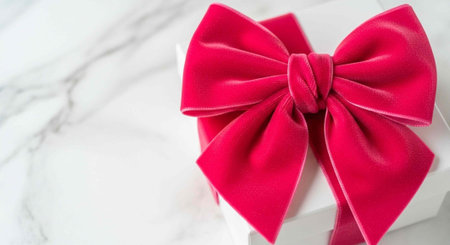 Close-up of a vibrant pink velvet bow on a white gift box against a marble surfaceの写真素材