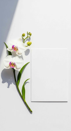 White orchid with pink center and green leaves next to blank white cardの写真素材