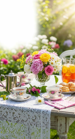 Beautifully set table with tea cups, flowers, and snacks in a serene garden settingの写真素材