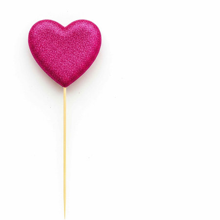 Heart-shaped lollipop with pink glitter on a stick against a plain white background