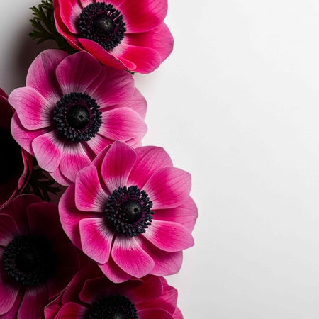 Close-up of pink anemone flowers with dark centers on a white background