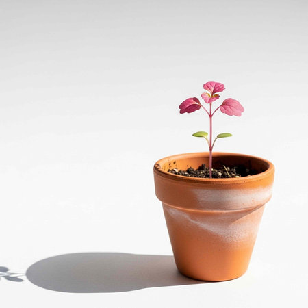 A small pink plant grows in a terracotta pot with soil and green leaves on a white background