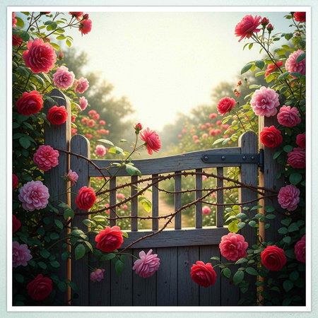 A charming wooden gate adorned with climbing roses in shades of pink and red, surrounded by lush greenery.の写真素材
