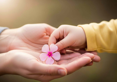 Close-up of adult and child hands gently holding a delicate pink flower togetherの写真素材