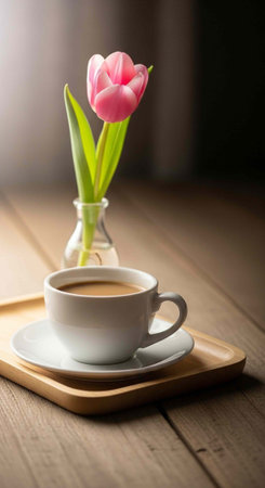 A serene setup featuring a cup of coffee, pink tulip in a vase, on a wooden tray