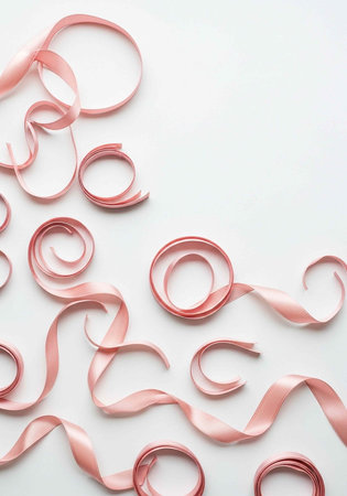 Curled pink ribbons scattered on a white surface, creating a festive and decorative arrangement