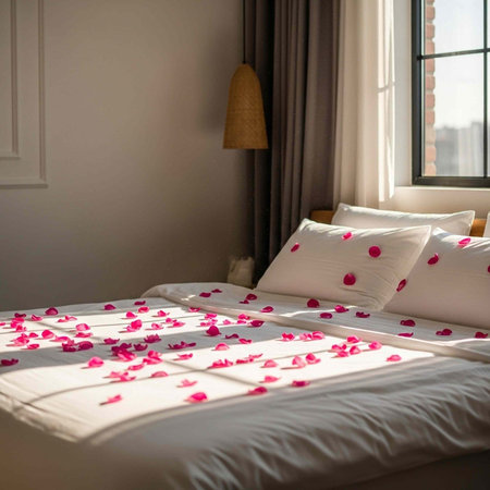A neatly made bed with white sheets and pillows adorned with scattered rose petals in a bright room