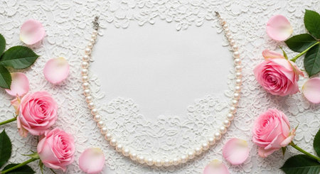 Pearl necklace surrounded by pink roses, petals, and green leaves on white laceの写真素材