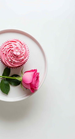 A pink frosted cupcake and rose on a white plate, minimalist dessert setup