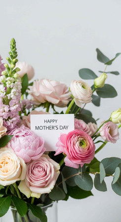 Delicate bouquet of pink and white roses, ranunculus, and eucalyptus with Mother's Day card