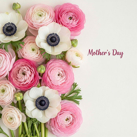 A bouquet of pink and white flowers on a white background with Mother's Day text