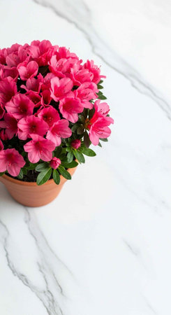 Pink flowers in a terracotta pot on a white marble background with gray veins.