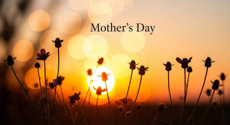 Silhouette of flowers against vibrant orange sunset with bokeh lightsの写真素材