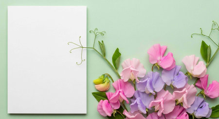 White card with bouquet of pink, purple flowers and green leaves on light green surface