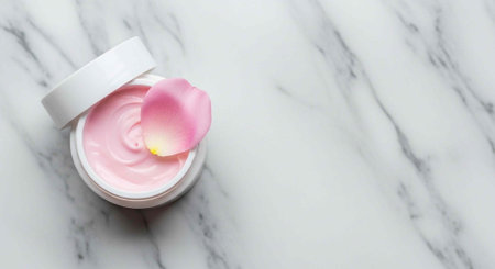 Open white jar of pink cream with rose petal on marble background, beauty product showcase
