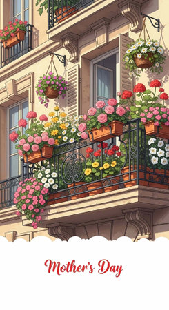 Colorful flowers in pots on balcony with black railings, beige building, and hanging plantsの写真素材
