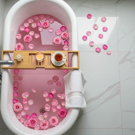 A serene bathtub filled with pink water, rose petals, and roses, accompanied by tea and candle.