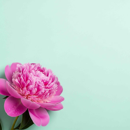Close-up of a pink peony flower with dew drops on mint green background