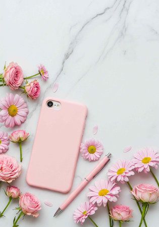 Pink phone, pen, and flowers arranged on white marble surface, elegant and minimalist setup