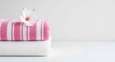 Stacked pink striped and white towels with a small white flower on topの写真素材