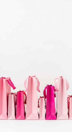 Various pink gift bags with ribbons on a white background, different sizes and shadesの写真素材