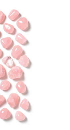 Collection of pink rose quartz stones on a white surface, various shapes and sizes.