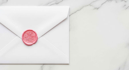 White envelope with pink wax seal on marble background, elegant stationery concept