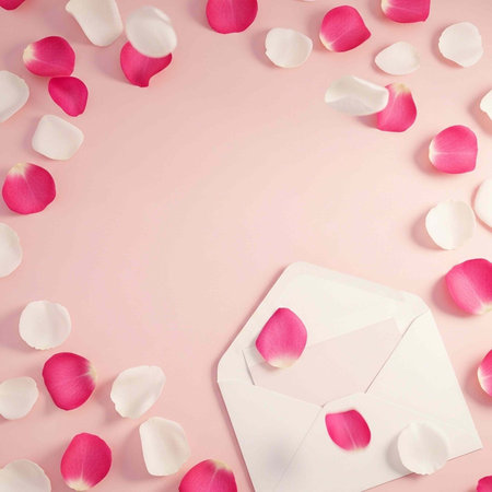 Pink background with scattered rose petals and a white envelope for romantic messages or love...