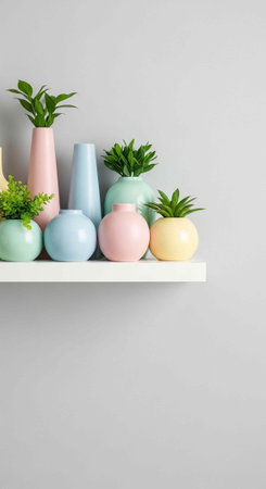 Pastel vases and plants on a white shelf against a gray wall, minimalistic decorの写真素材