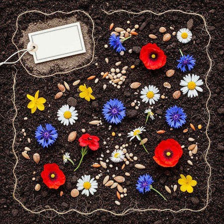 Vibrant flowers, seeds, and pebbles on dark soil with a blank tag and roots
