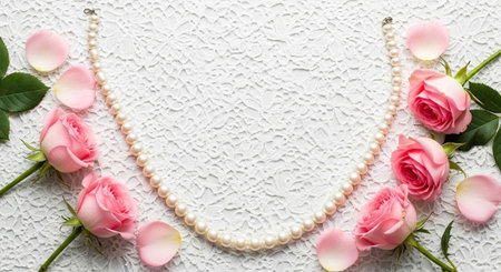 Delicate pink roses, pearl necklace, and green leaves arranged on a white textured surfaceの写真素材