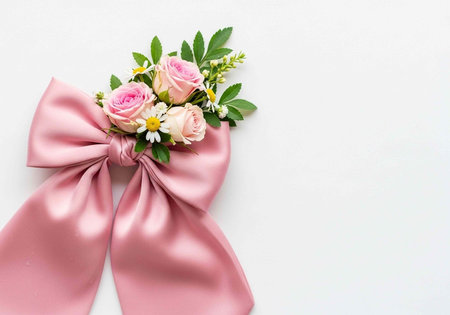 Pink satin bow with bouquet of roses and greenery on white background