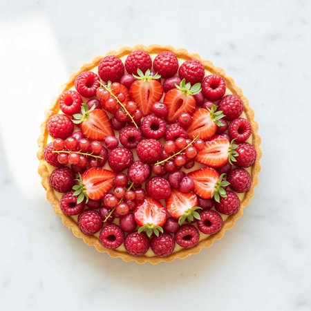 A vibrant fruit tart topped with strawberries, raspberries, and currants on a white marble...