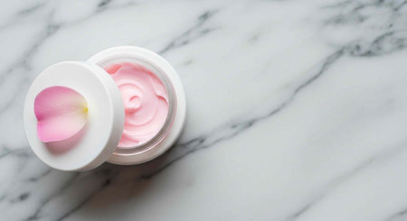 Open white jar of pink cream on marble background with a flower petal inside