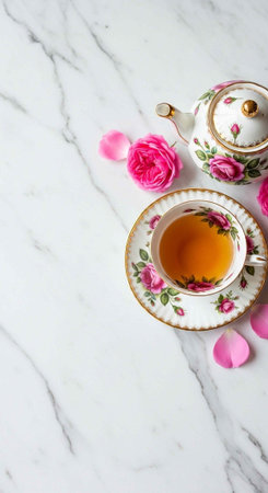 A delicate floral tea cup and teapot on a marble surface with pink roses and petals.の写真素材