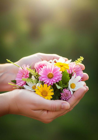 Cupped hands holding a mix of pink, yellow, and white flowers with green leaves