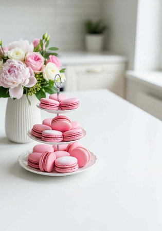 A three-tiered stand of pink macarons on a white kitchen counter with flowers in a vase