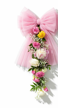 Pink tulle bow with bouquet of pink, yellow, and white flowers on white background