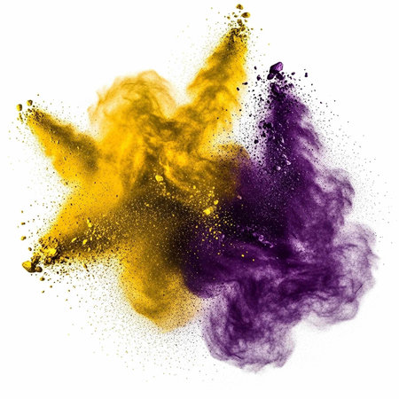 Colorful yellow and purple powder exploding in mid-air against a clean white backdrop