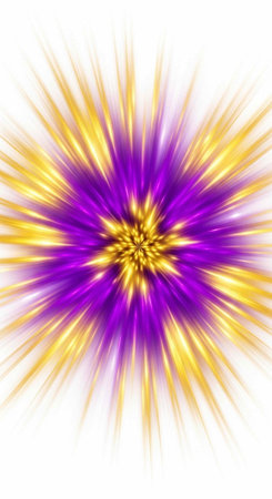 Purple and yellow radial lines exploding from center on white background, abstract design