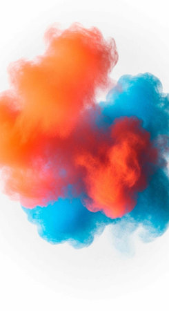 Colorful smoke clouds in orange and blue hues on a plain white background