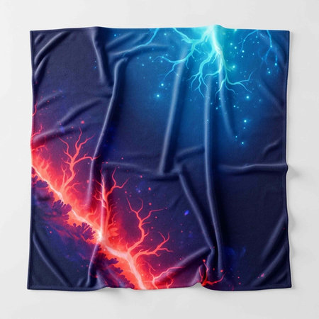 Colorful blanket with red and blue lightning bolts on a dark blue background