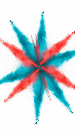 Colorful red and blue powder explodes in a starburst pattern on a clean white background.