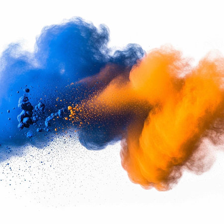 Colorful blue and orange cloud exploding in mid-air on a clean white backgroundの写真素材
