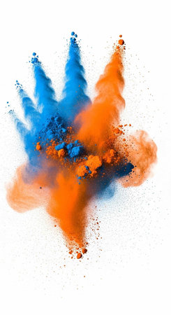 Colorful orange and blue powder explodes in a dynamic, abstract pattern on a clean white surface.