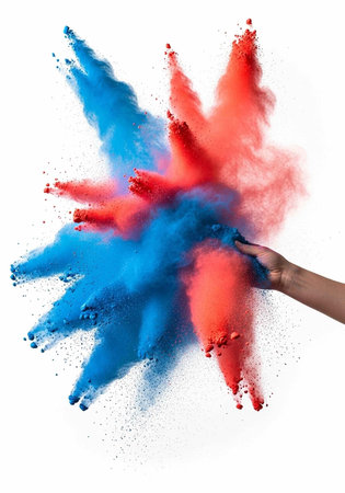 Hand releasing colorful red and blue powder in mid-air, creating dynamic explosion effect
