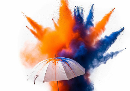 Colorful powder explodes behind open white umbrella, creating dynamic contrast and visual interest.