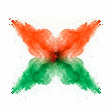 Abstract composition of red and green cloud-like shapes on white background, symmetrical designの写真素材